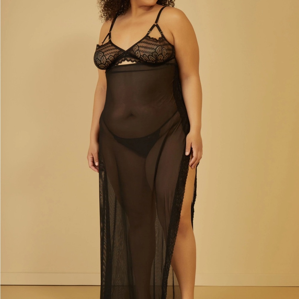 Black Stretch-mesh Gown With Adjustable Shoulder Straps.